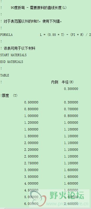 这是现行的折弯表，角度固定，按内侧半径划分