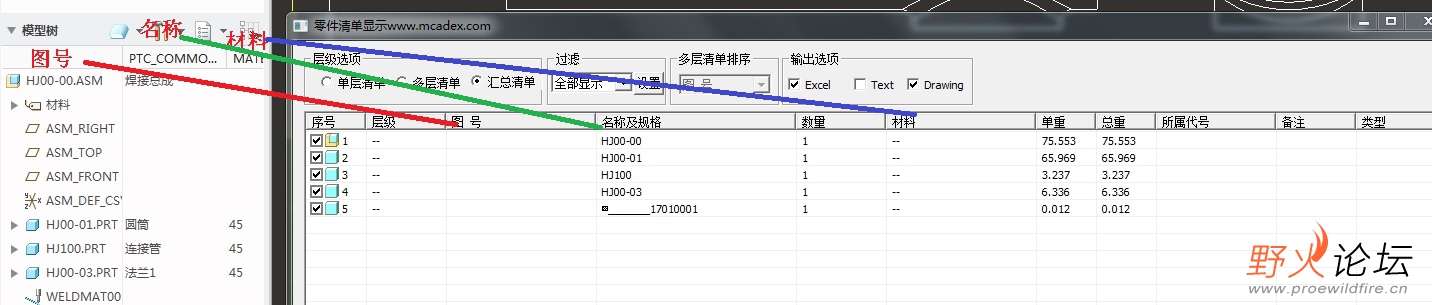 使用MCADExTolls明细表输出功能显示的结果